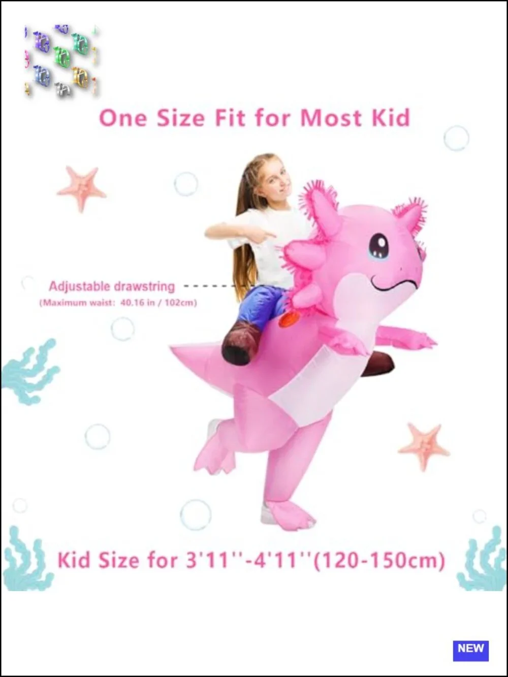 Kids Inflatable Axolotl Costume Ride On Blow Up Halloween Cosplay Party